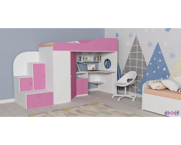 Кровать-чердак Кадет-1 Белое дерево/Розовый